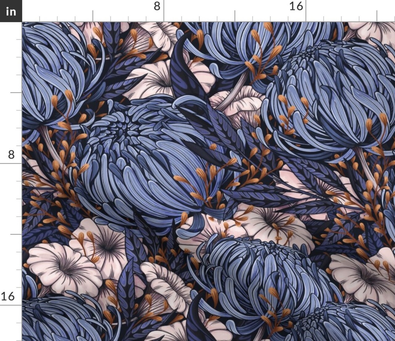 Blue Bold Floral Chrysanthemum Blooms Modern Garden Opulent Botanical Maximalist Moody Custom Printed Fabric by Spoonflower Various Fabrics by the Yard or Fat Quarter